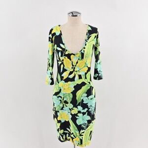 Manuel Canovas Tropical Floral Dress Womens Size S Black Yellow France Bodycon